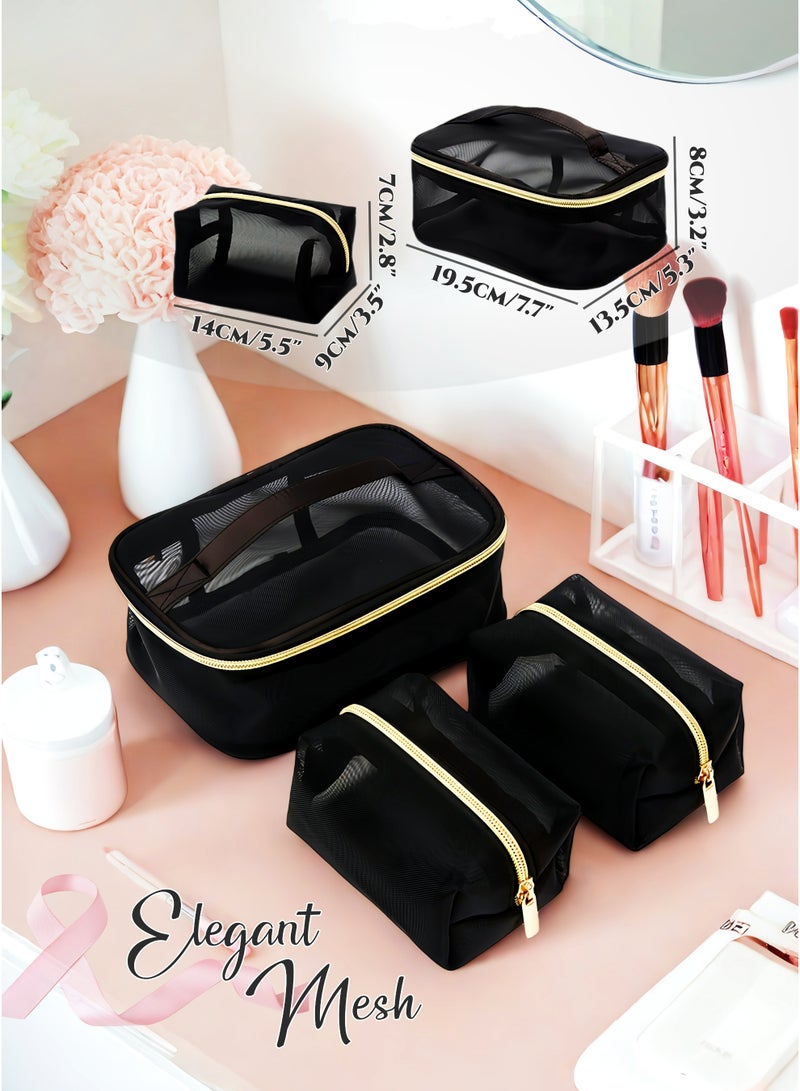 مجموعة حقيبة تجميلية شفافة من 4 قطع، مجموعة منظم مكياج، منظم سفر بسعة كبيرة لمستلزمات النظافة، المكياج والعناية بالبشرة، للاستخدام اليومي، سفر رمضان، هدايا عيد (أسود) - Image 3